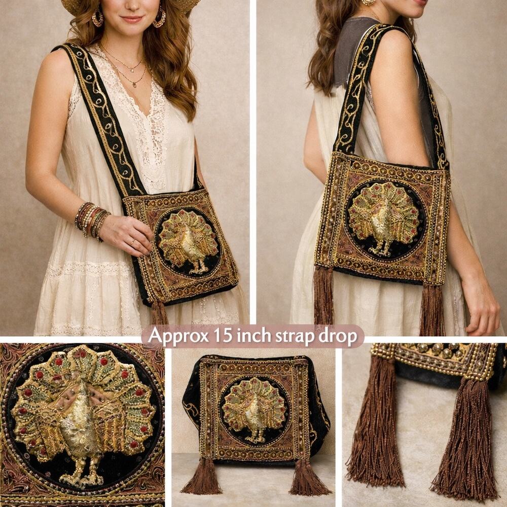 VTG 1970s Handmade Sequin & Beaded Thai Burmese Tapestry Hobo Peacock Kalaga Bag